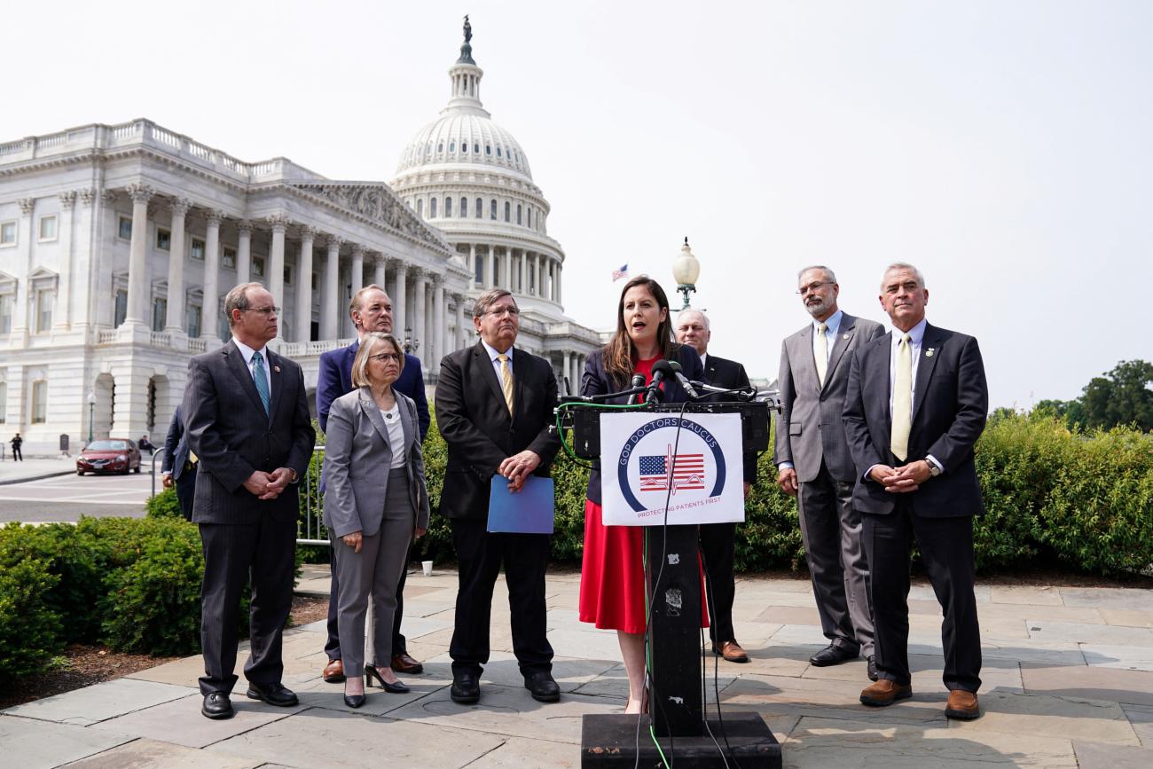 Rep. Elise Stefanik (R-NY) and members of the GOP Doctors Caucus hold a press conference on fentanyl outside of the U.S. Capitol in Washington, D.C., U.S., May 23, 2023.