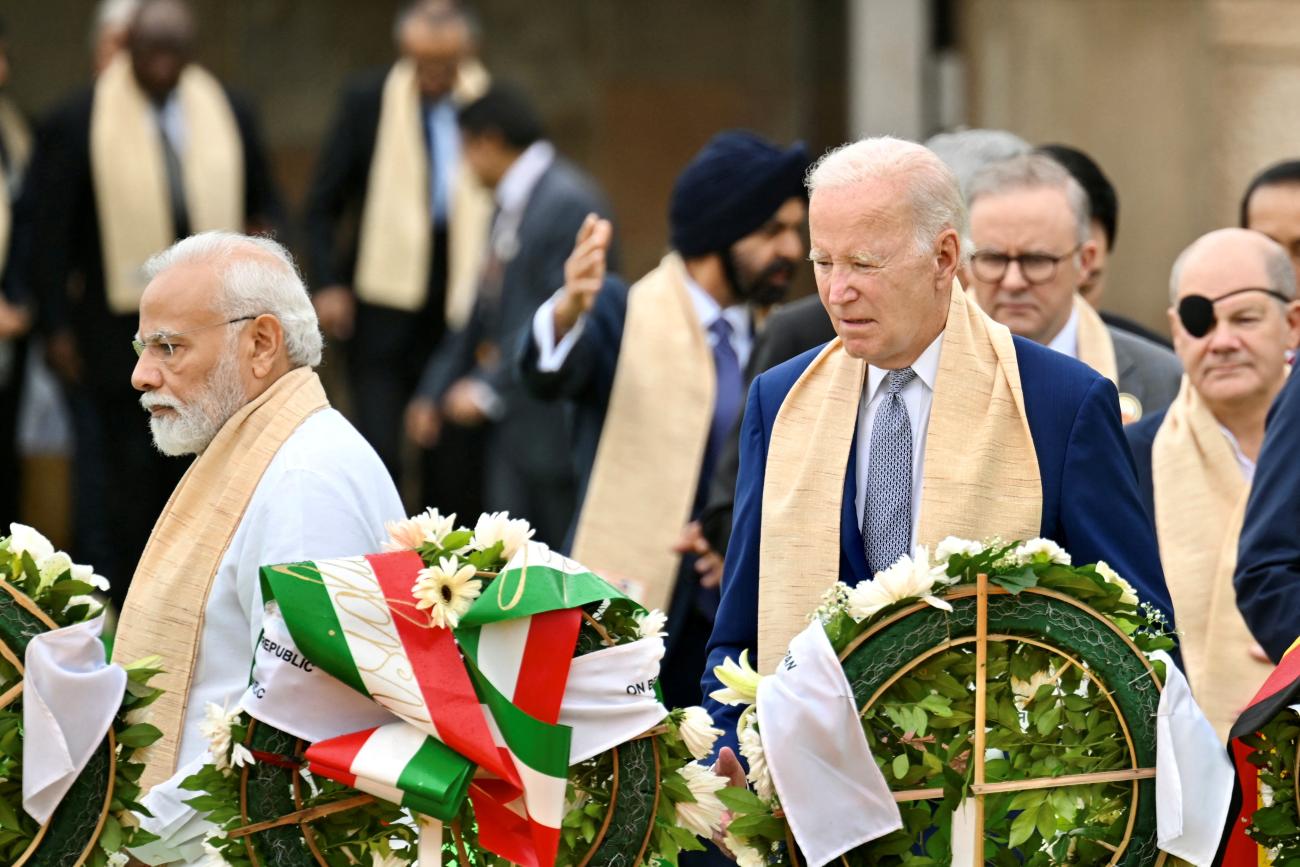 U.S. President Joe Biden visits the Raj Ghat memorial with Prime Minister of India Narendra Modi and other G20 leaders in New Delhi, Sept. 10, 2023. 