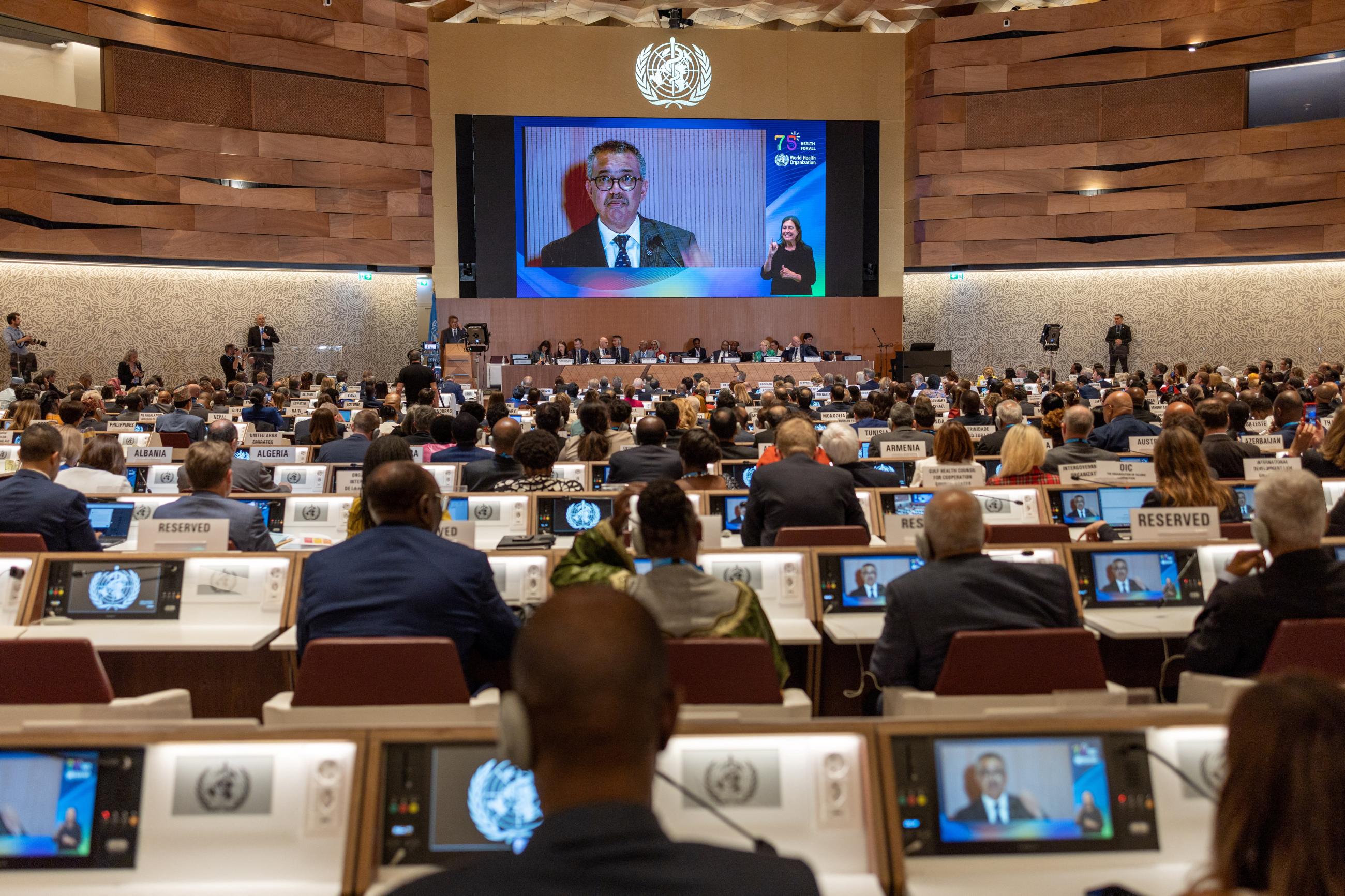 Director-General of the World Health Organization Dr. Tedros Adhanom Ghebreyesus attends the World Health Assembly at the United Nations in Geneva, Switzerland, May 21, 2023.