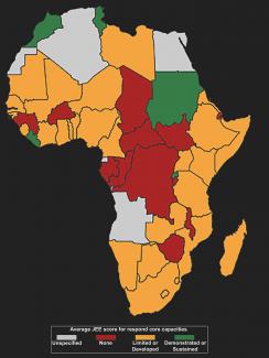 Photo shows a map of Africa with different countries colored one of four colors according to the data. 
