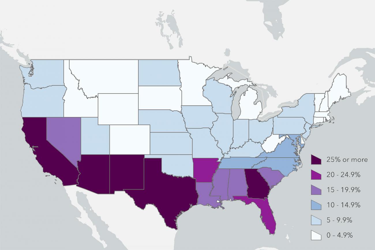 The image shows a heat map of the united states with different states colored according to their inpatient occupancy. There is a dark band across the southern U.S. states. 