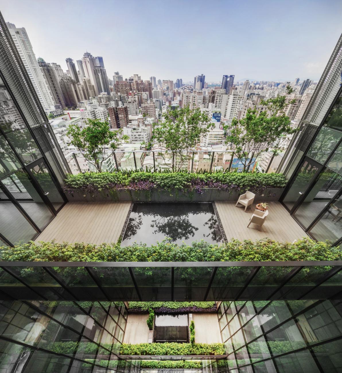 A view from a deck at Sky Green, a mixed-use development with apartments and retail space located in Taichung, Taiwan.