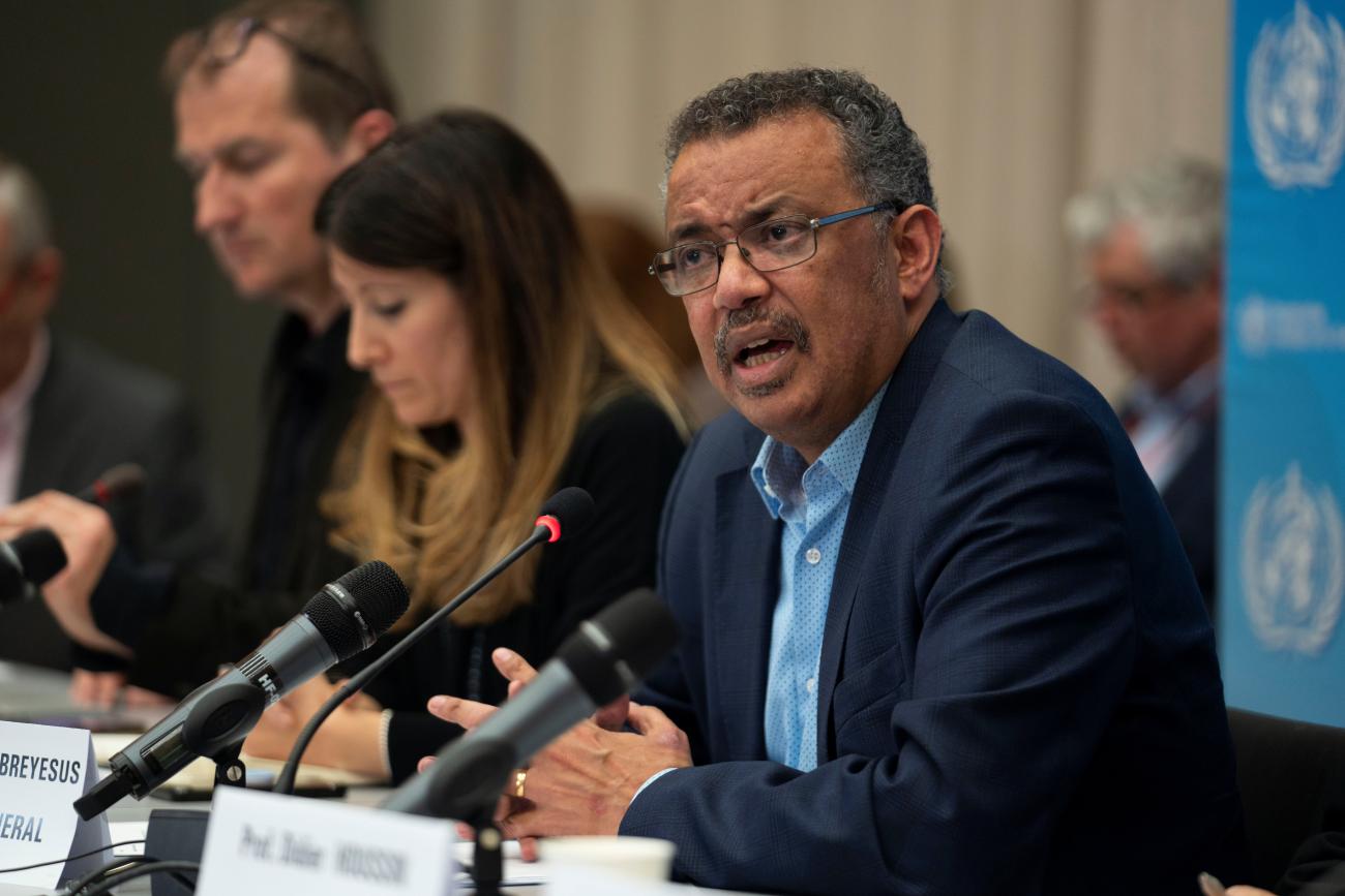 Director-General Tedros Adhanom Ghebreyesus speaks during a news conference following the second meeting of the IHR Emergency Committee for Pneumonia.