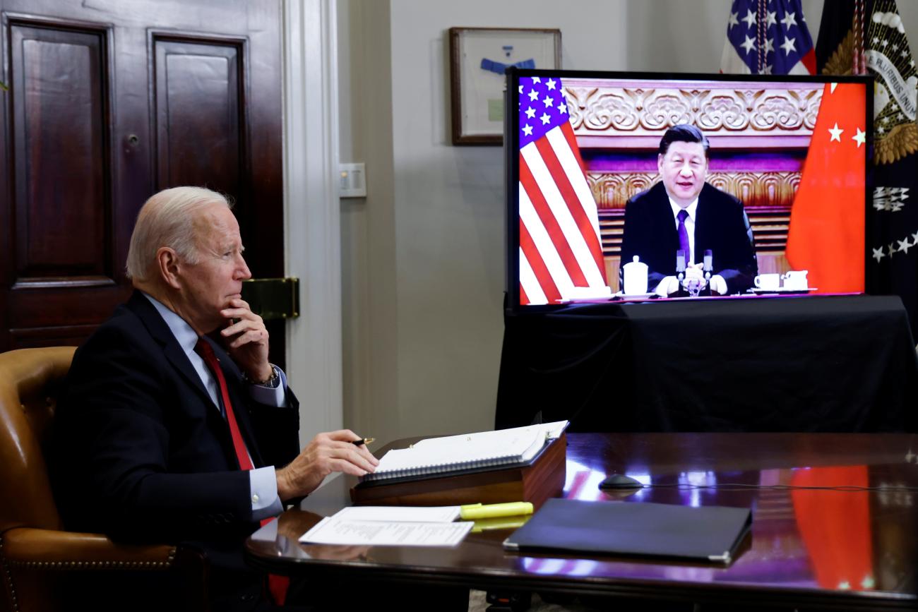 U.S. President Joe Biden speaks virtually with Chinese leader Xi Jinping from the White House in Washington, U.S. November 15, 2021. 