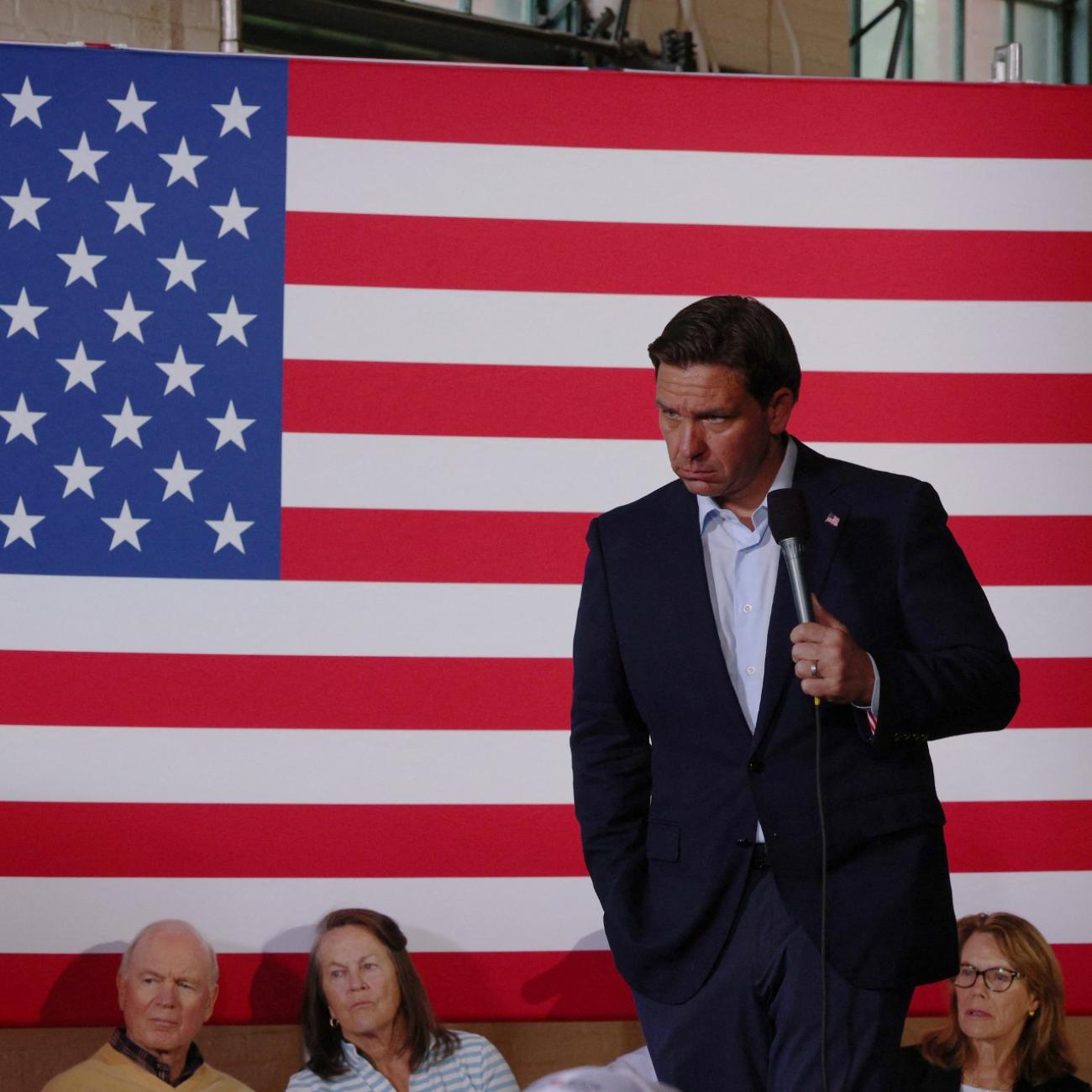 Republican presidential candidate and Florida Governor Ron DeSantis listens to a question from the audience at a campaign town hall meeting, in Newport, New Hampshire, on August 19, 2023. 