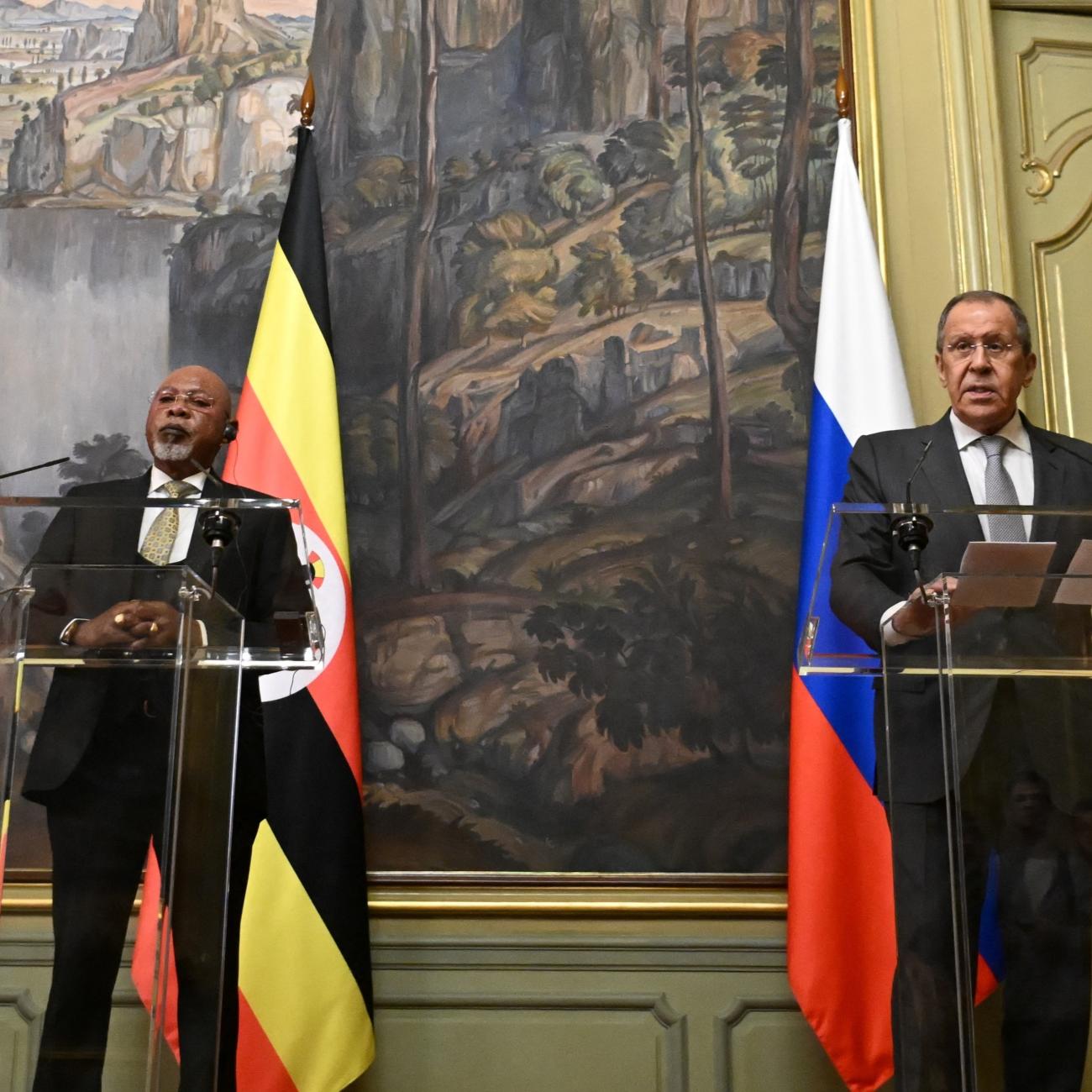 Russian Foreign Minister Sergei Lavrov and his Ugandan counterpart Jeje Odongo attend a news conference following their talks.