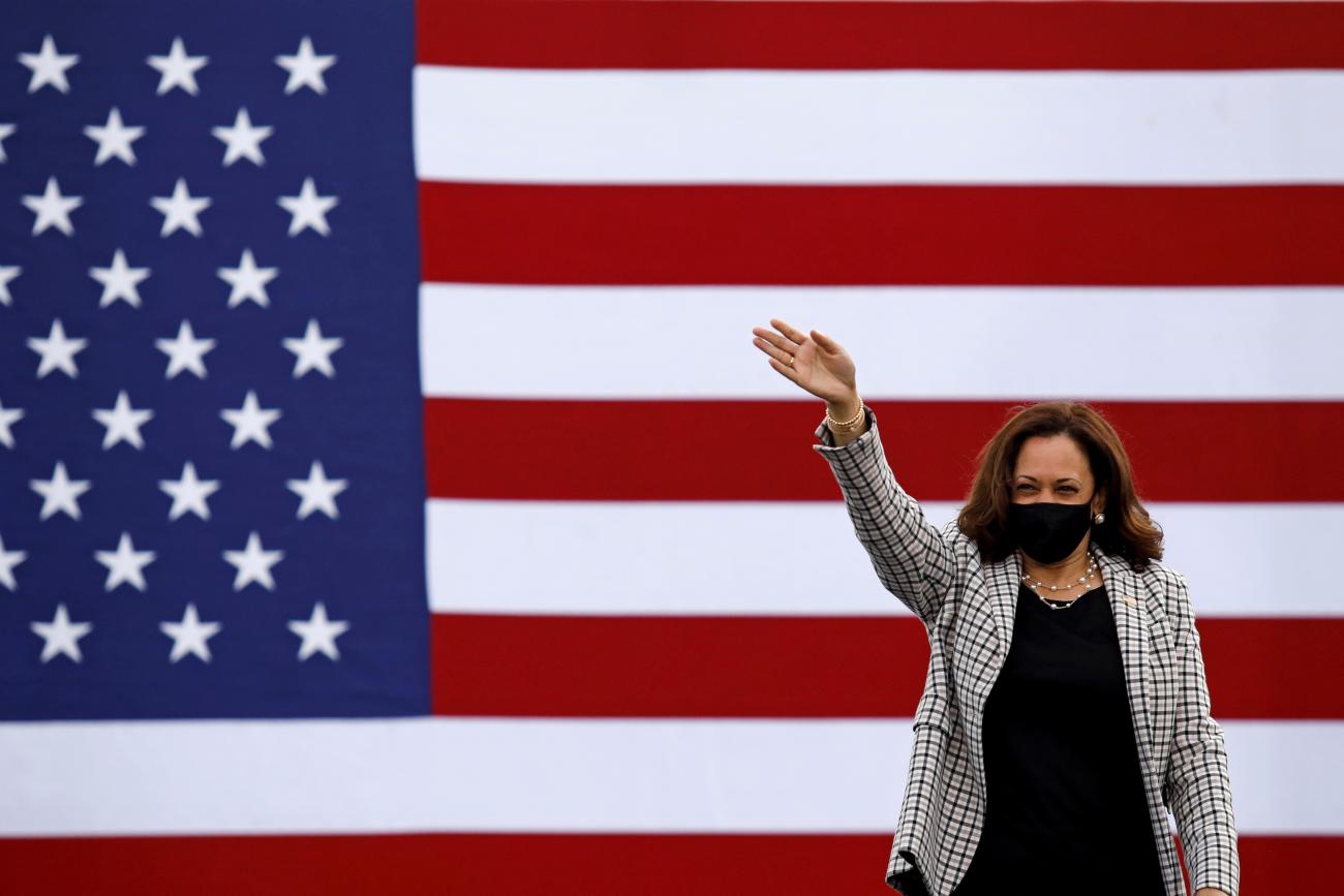 U.S. Democratic vice presidential nominee Senator Kamala Harris waves supporters as she arrives for a campaign drive-in rally at Palm Beach State College in West Palm Beach, Florida, U.S., October 31, 2020