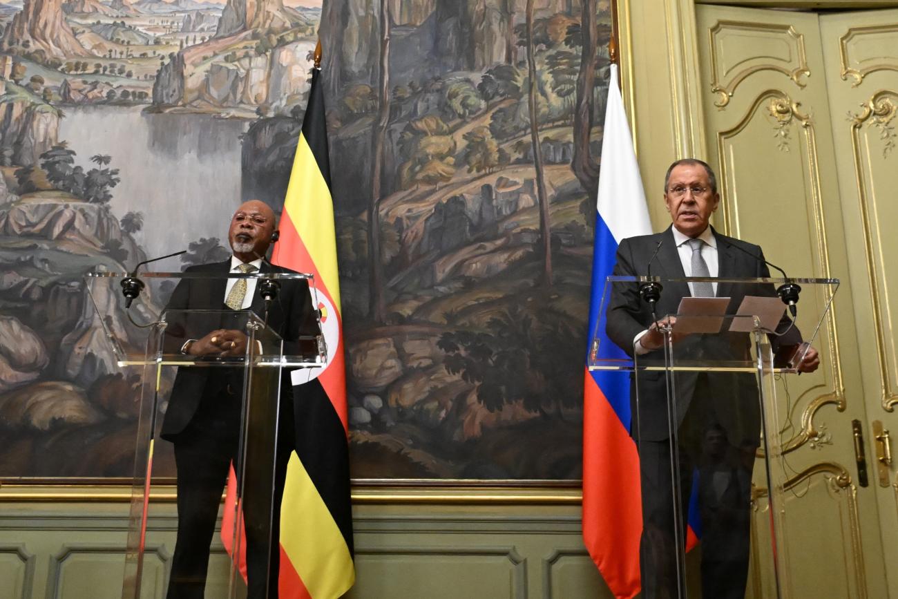 Russian Foreign Minister Sergei Lavrov and his Ugandan counterpart Jeje Odongo attend a news conference following their talks.