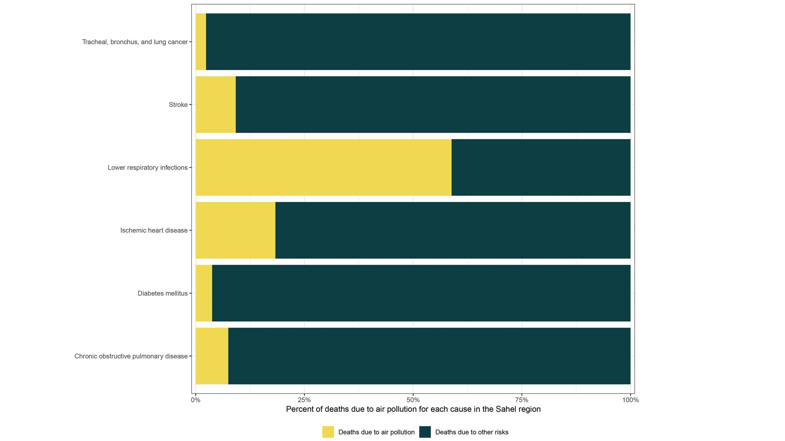 Percent of deaths due to air pollution for each cause in the Sahel region