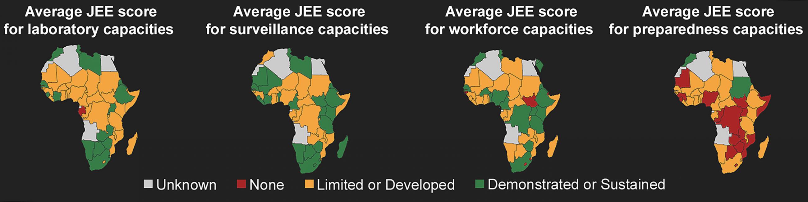 Photo shows a map of Africa with different countries colored one of four colors according to the data. 