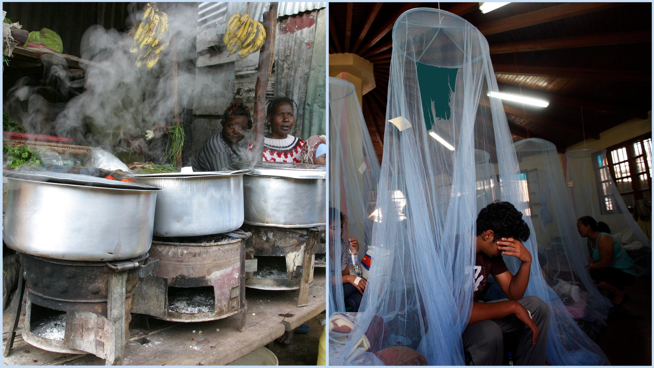 Photo is a split screen showing several cookstoves lined up in an outdoor area and the dark interior of a hospital with a man who looks miserable or tired sitting on the edge of his bed. 