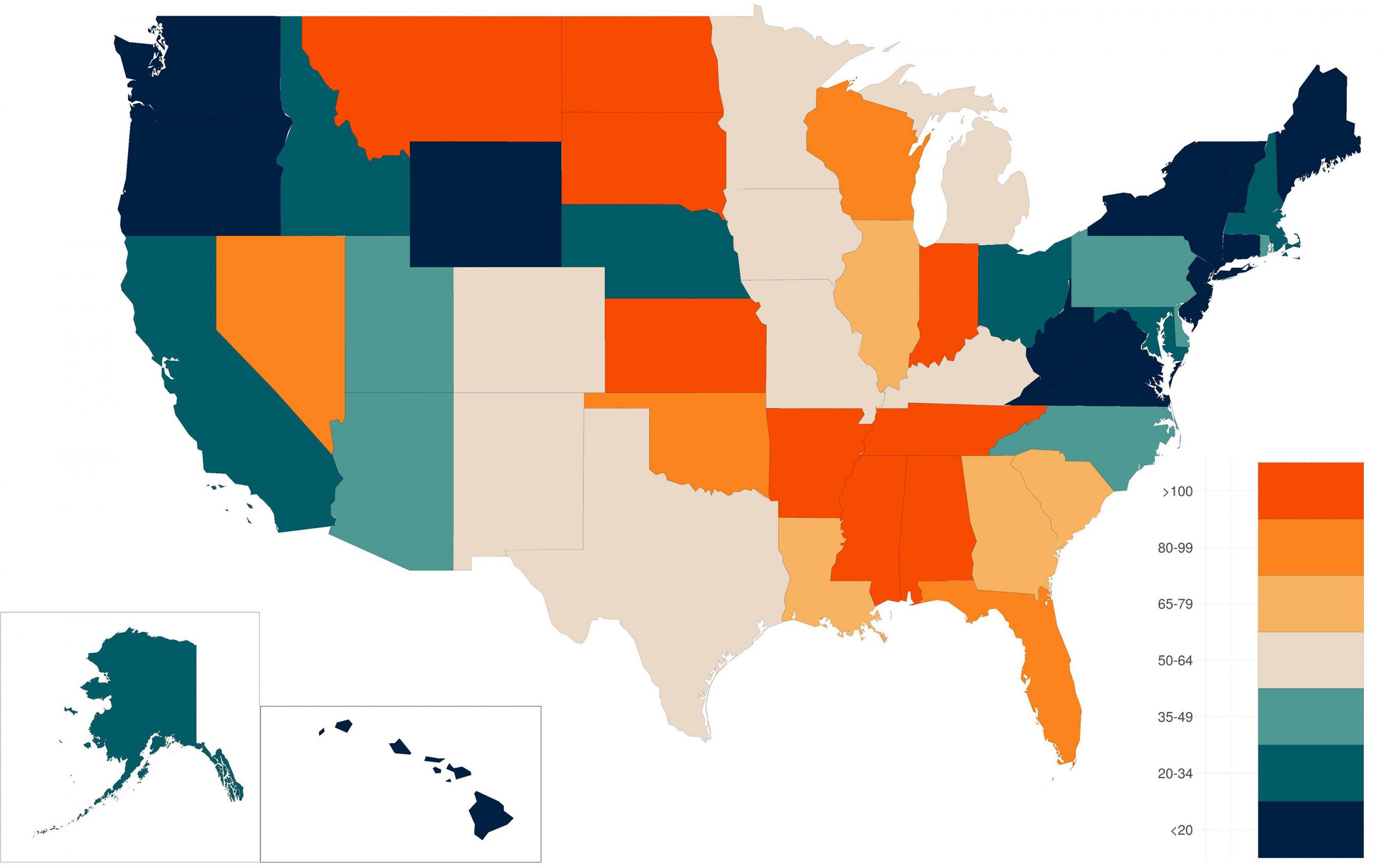 The image shows a map of the United States colored according to each state's estimated incidence. 