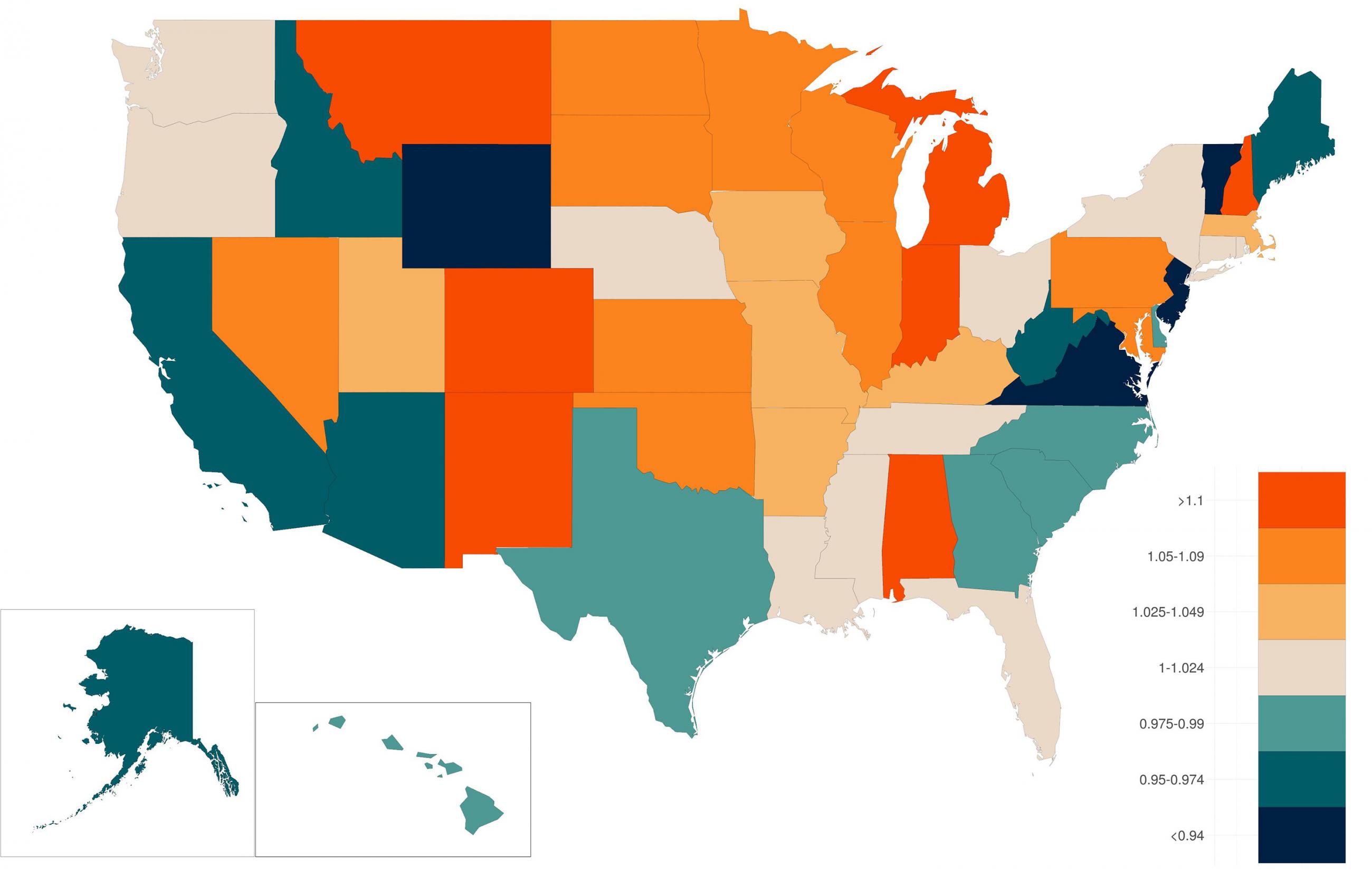 The image shows a map of the United States colored according to each state's R number. 