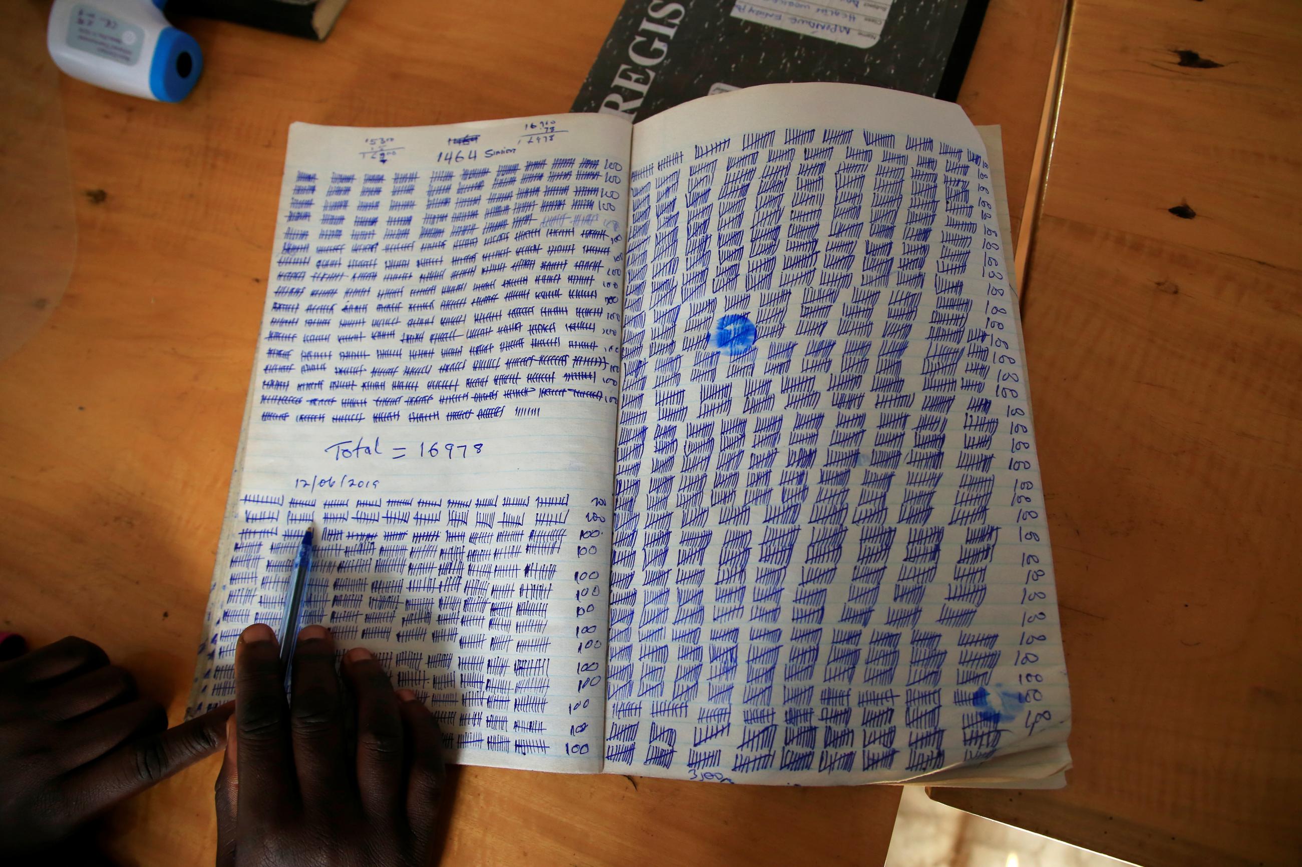 A Uganda Red Cross medical staff notebook lies open, showing a tally of the number of people undergoing Ebola screening at the Mpondwe border which separates Uganda and the Democratic Republic of Congo, in Mpondwe, Uganda, on June 13, 2019. REUTERS/James Akena