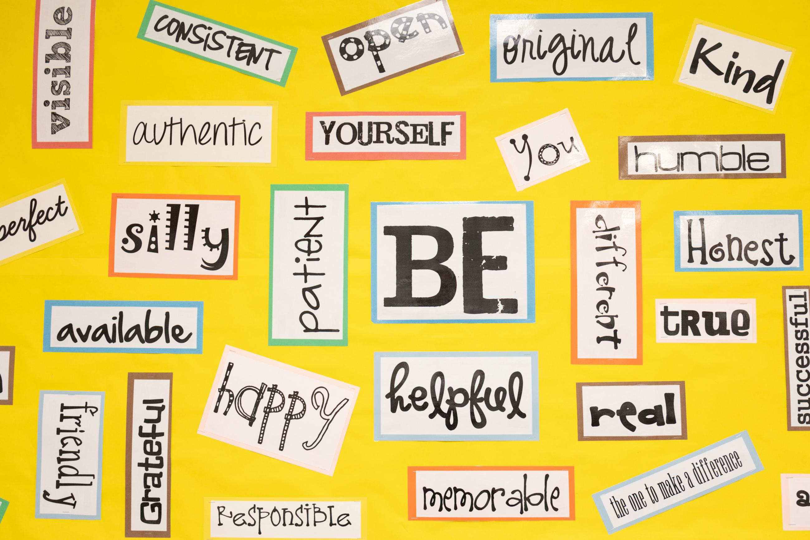 Collages with positive affirmations are seen in the hallway of Orefield Middle School.