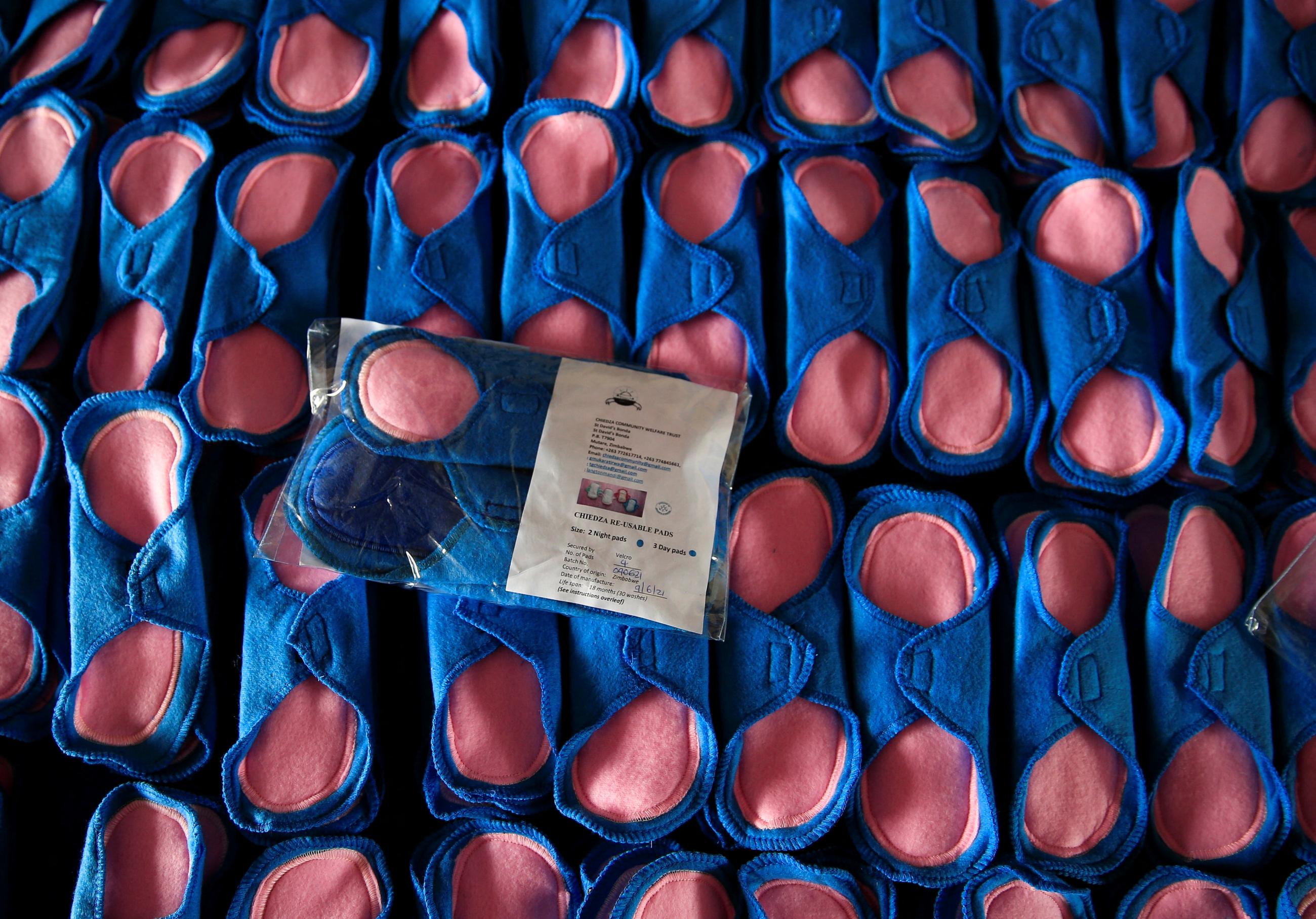 Reusable sanitary pads are displayed inside a factory at Bonda Women Craft Centre.