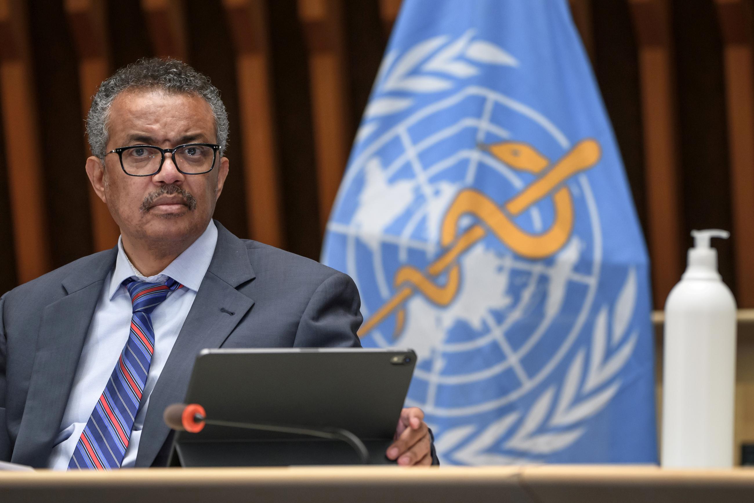 WHO Director-General Tedros Adhanom Ghebreyesus attends a news conference organized by Geneva Association of United Nations Correspondents.