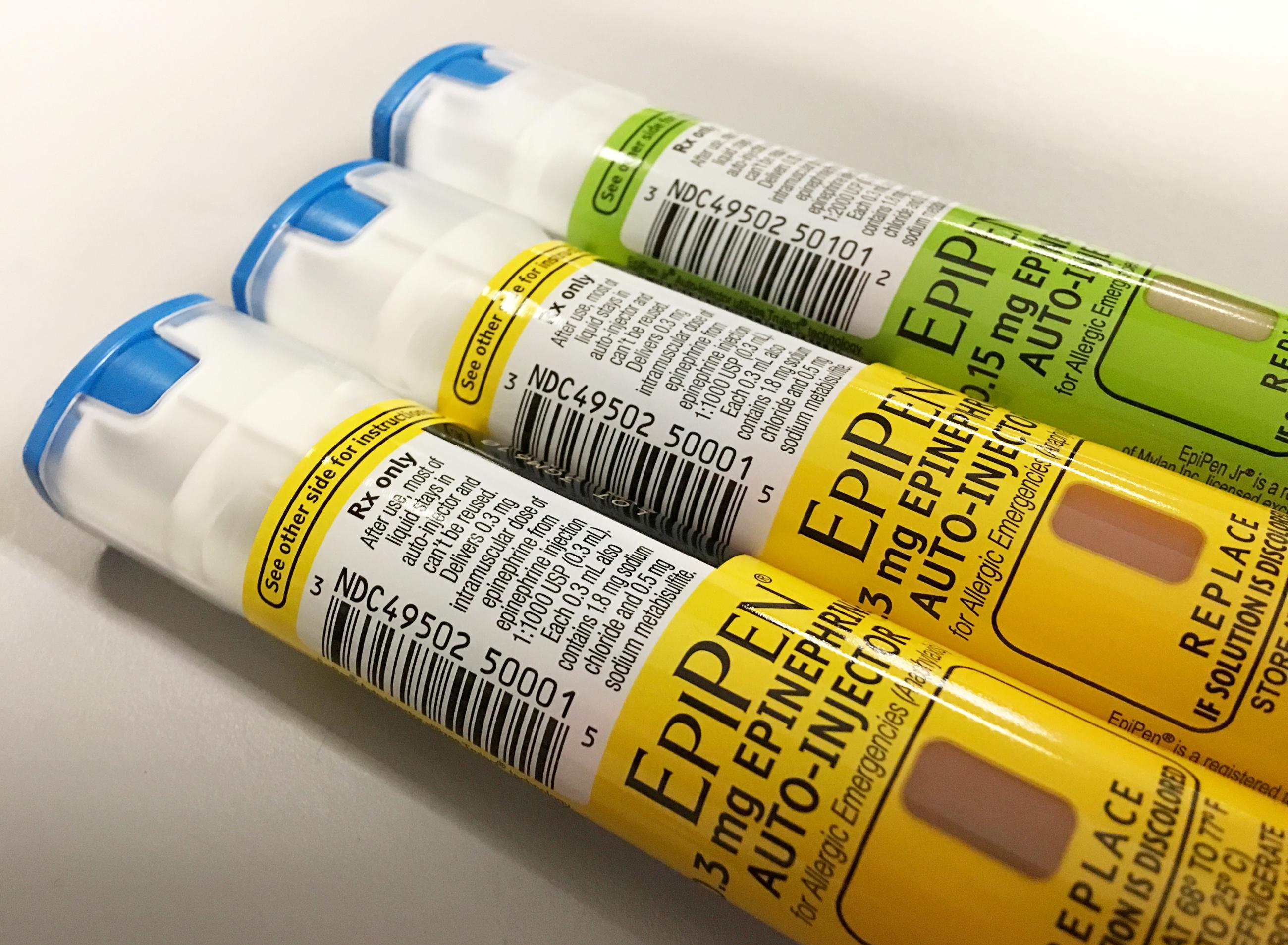 EpiPen auto-injection epinephrine pens manufactured by Mylan NV pharmaceutical company for use by severe allergy sufferers are seen.