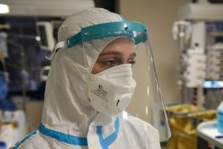A medical worker wearing personal protective equipment is seen at the George Papanikolaou General Hospital during the COVID-19 pandemic.
