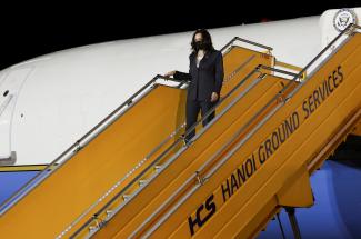 .S. Vice President Kamala Harris leaves her plane as she arrives at the airport in Hanoi, Vietnam, August, 24, 2021. 