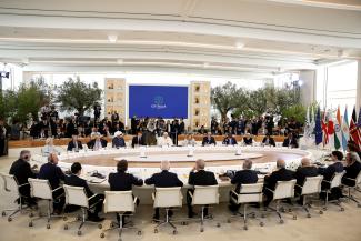 Pope Francis, G7 leaders, and guests attend a session on the second day of the G7 summit at the Borgo Egnazia resort.