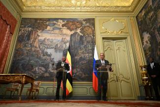 Russian Foreign Minister Sergei Lavrov and his Ugandan counterpart Jeje Odongo attend a news conference following their talks.